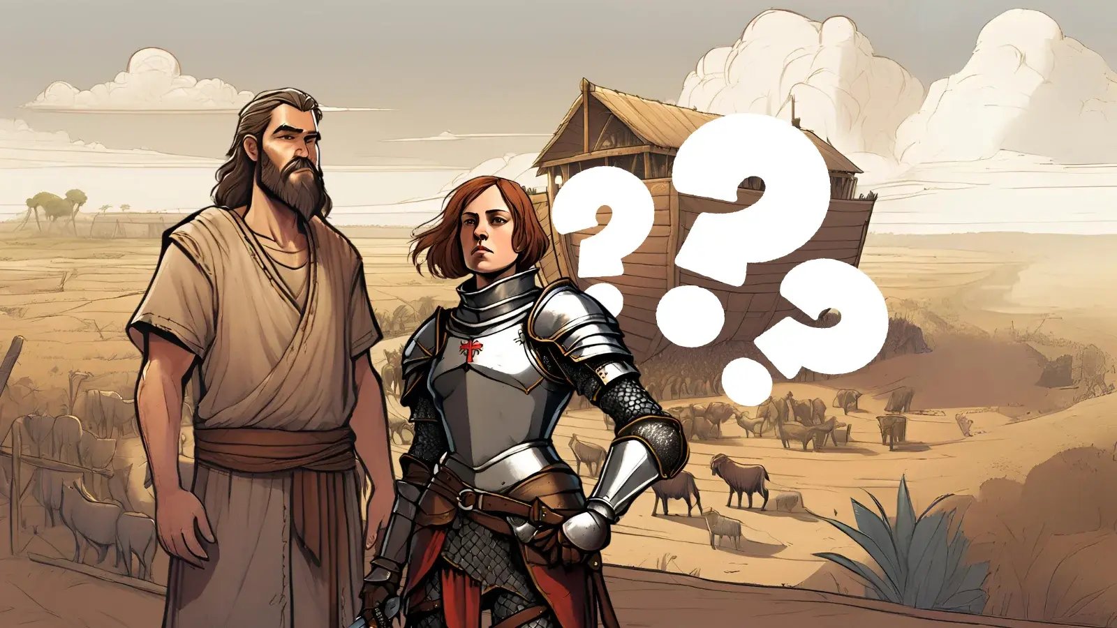 Joan of Arc and Noah standing in front of his ark.