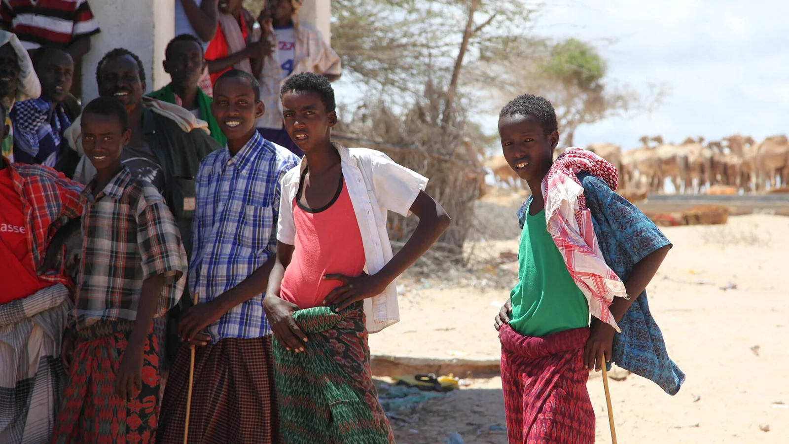 A group of young men stand in front of camels in the town of Adale, Somalia.